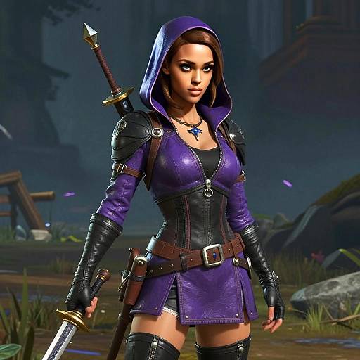 Fantasy Warrior Woman in Purple Hooded Outfit with Sword
