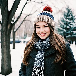 Young Woman in Winter Attire Smiling Outdoors