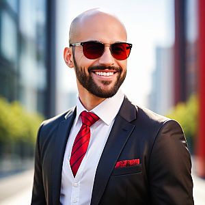 Confident Bald Man in Suit with Red Sunglasses