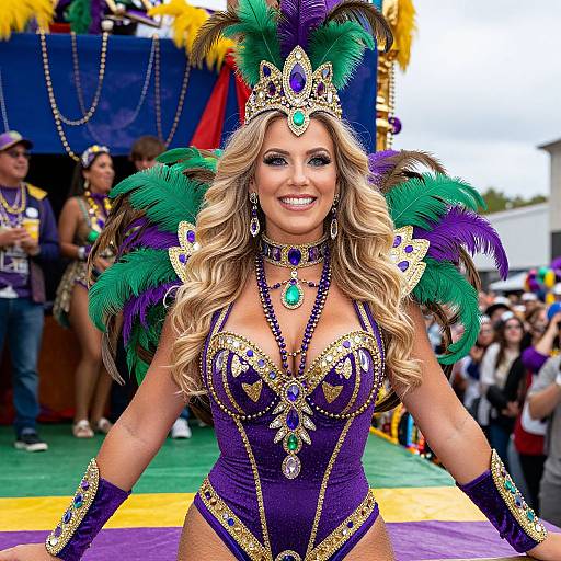 Colorful Mardi Gras Woman in Feathered Costume at Parade