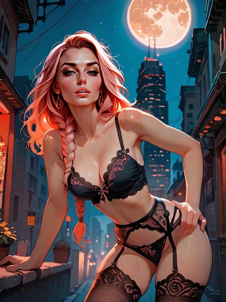 Digital Illustration of Woman in Black Lingerie with Full Moon Night Cityscape