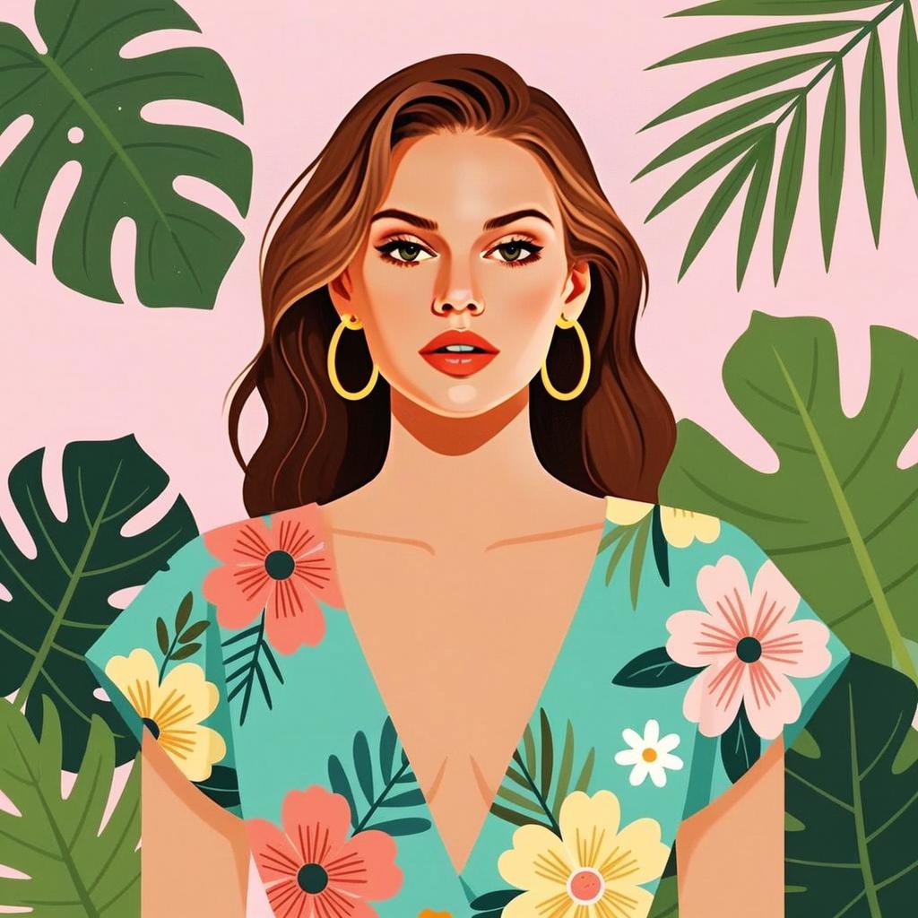 Digital Illustration of Woman in Floral Dress with Tropical Leaves Background
