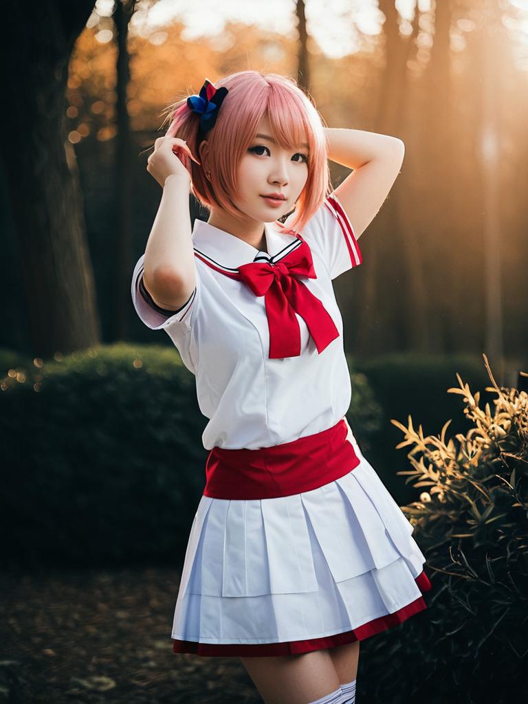 Realistic Sayori Cosplay Woman in Sailor School Uniform Outdoors