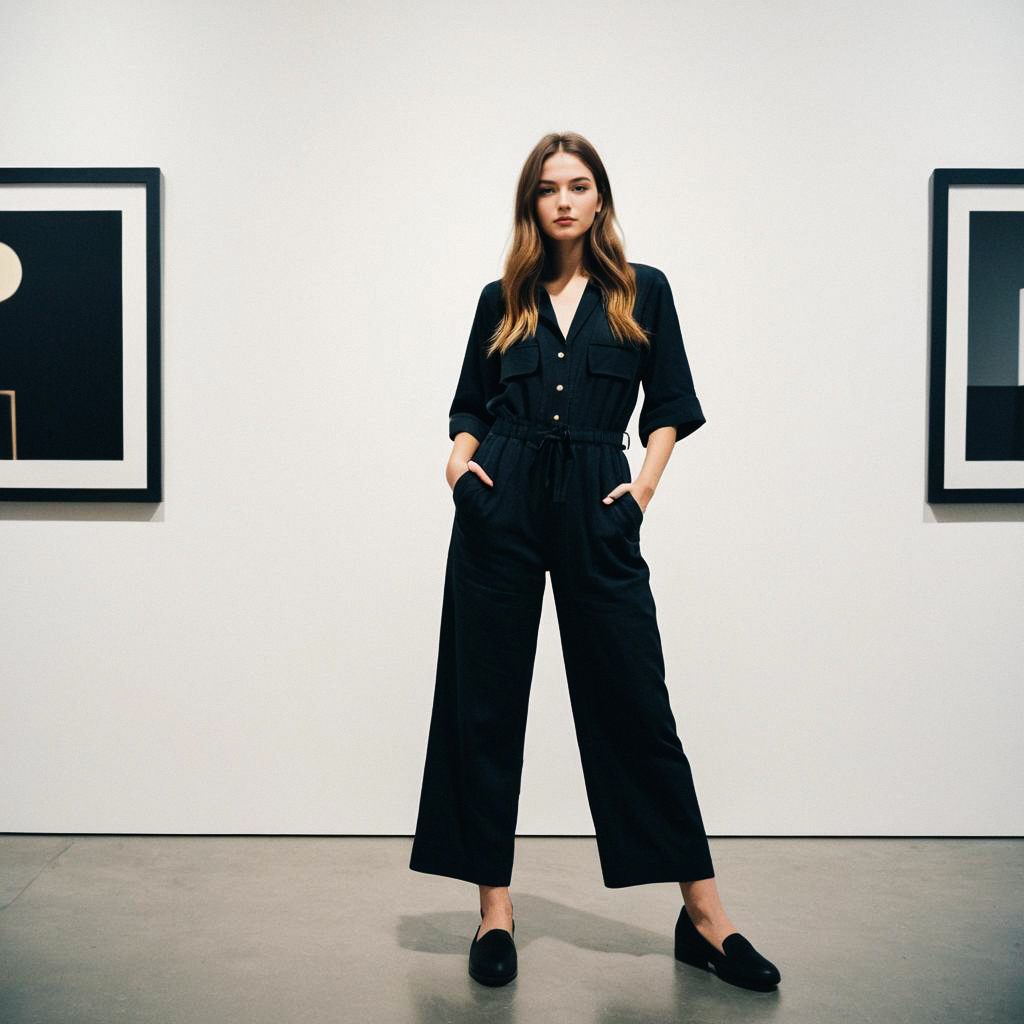 Confident Woman in Black Jumpsuit in Minimalist Gallery