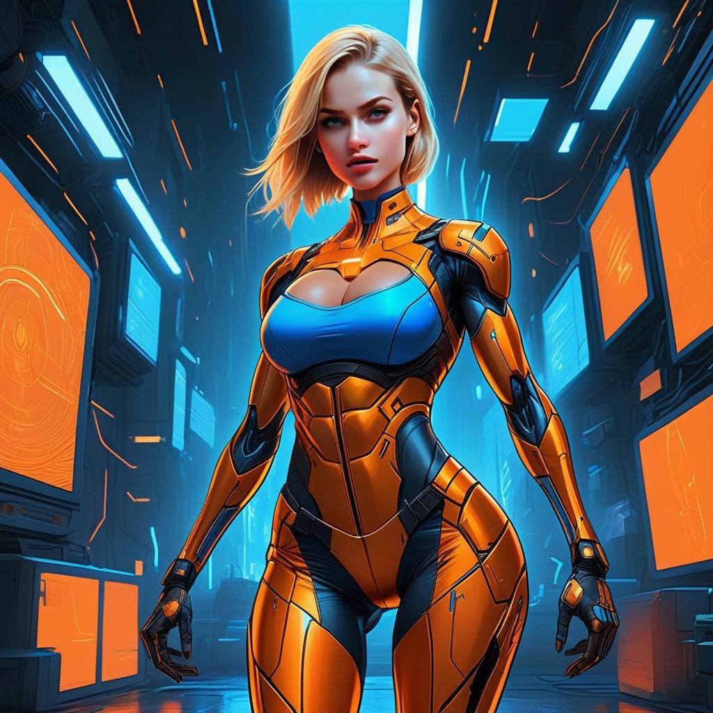 Confident Woman in Futuristic Armor in High-Tech Corridor Confident Woman in Futuristic Armor in High-Tech Corridor