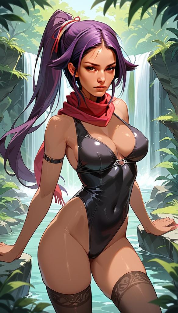 Anime Style Woman in Black Outfit by Waterfall Digital Illustration