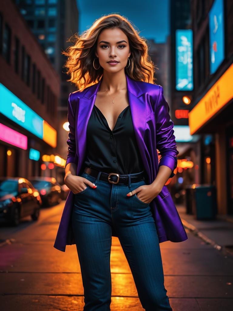 Stylish Woman in Purple Blazer on City Street