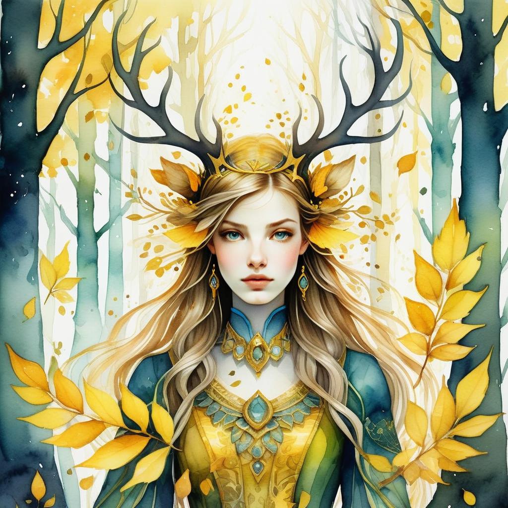 Fantasy Portrait of a Woman with Antlers and Golden Leaves
