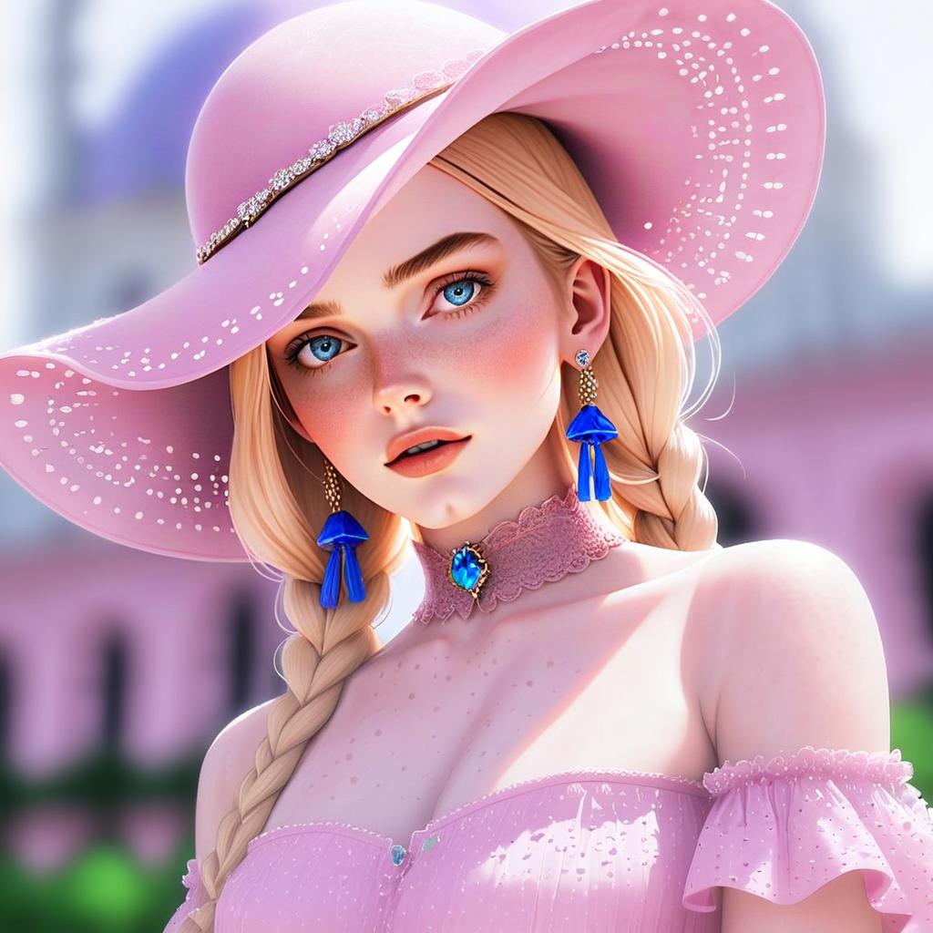 Portrait of a Young Woman with Blue Eyes and Pink Hat