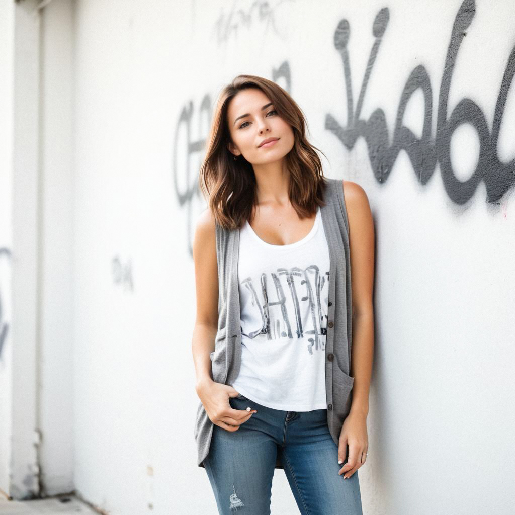 Young Woman in Urban Style Against Graffiti Wall