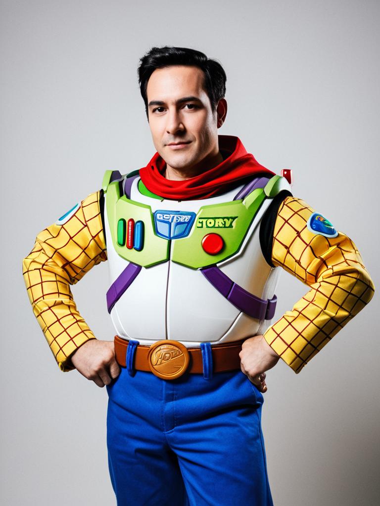 Man in Detailed Toy Story Buzz Lightyear Cosplay Costume Studio Portrait