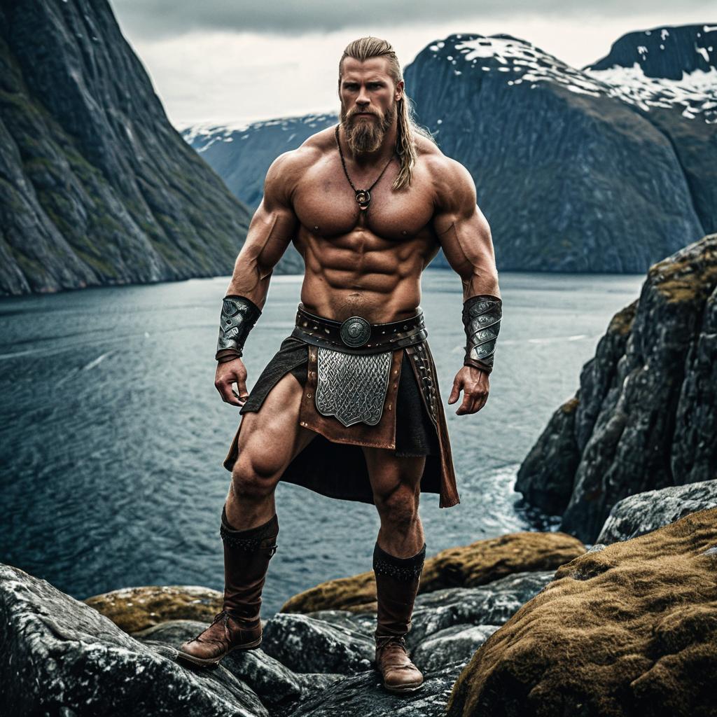 Viking Warrior Standing on Rocky Cliffs with Fjord Background
