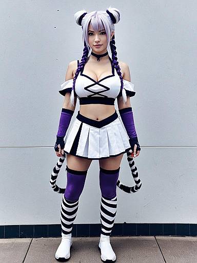 Anime Inspired Woman in White and Purple Cosplay Outfit with Striped Accessories