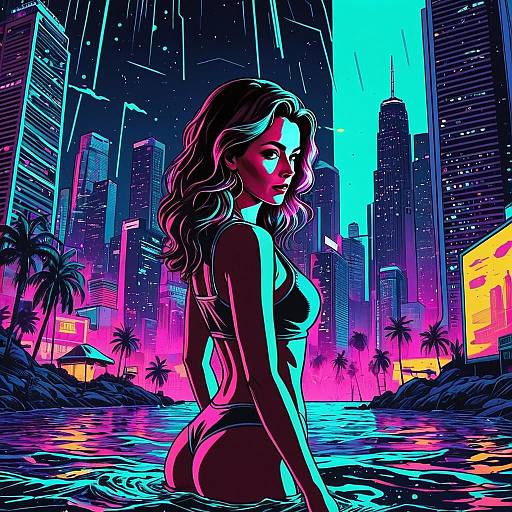 Cyberpunk Woman in Neon Cityscape Digital Art
