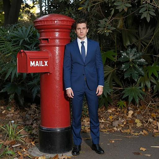Man in Blue Suit Standing Beside Classic Red Mailbox Pillar Outdoors