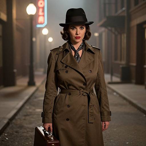 Vintage 1940s Style Woman in Trench Coat with Suitcase on Night Street