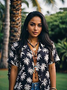 Stylish Woman in Palm Tree Print Shirt Outdoors