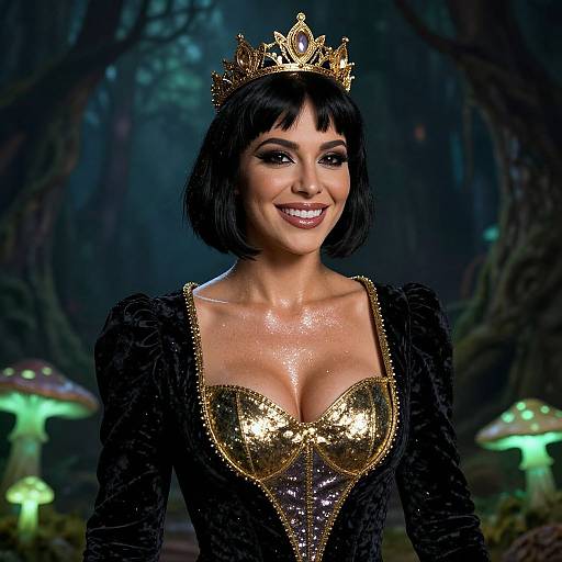 Fantasy Queen Woman in Black Velvet Dress and Golden Crown in Enchanted Forest