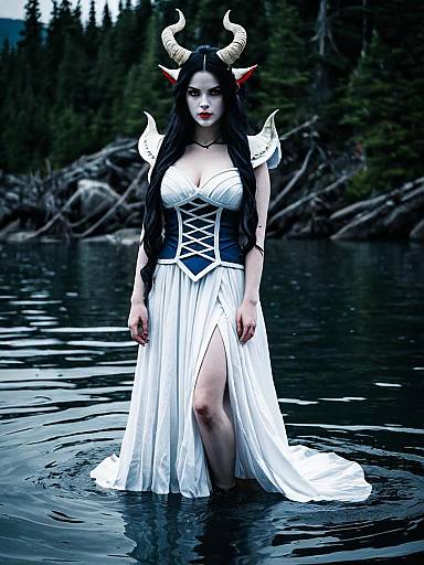 Fantasy Oni Woman in White Gown Standing in Water Among Pine Trees