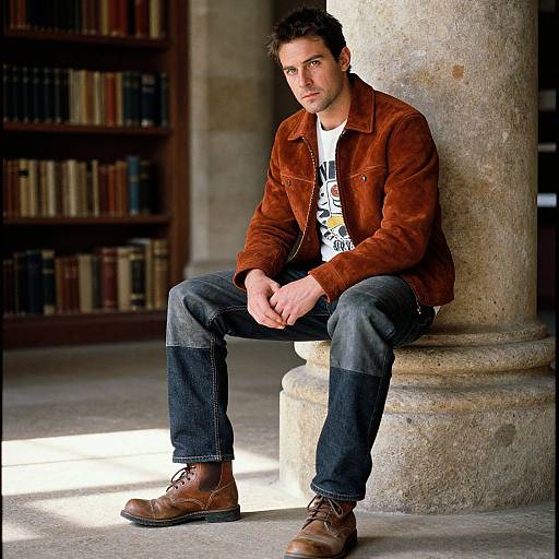 Man in Brown Suede Jacket and Patchwork Jeans Sitting by Stone Column