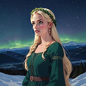 Young Woman in Medieval Dress Under Northern Lights