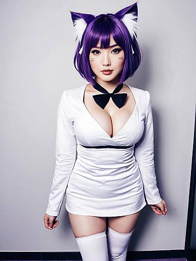 Nekomata Okayu Cosplay with Purple Cat Ears and White Dress
