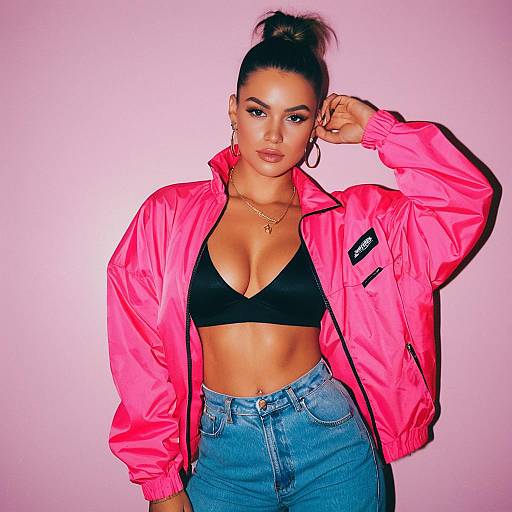 Stylish Young Woman in Pink Windbreaker and Black Sports Bra Posing Against Pink Background