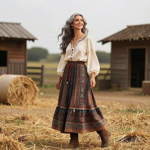 Bohemian Woman in Vintage Farm Outfit with Long Patterned Skirt and Embroidered Blouse