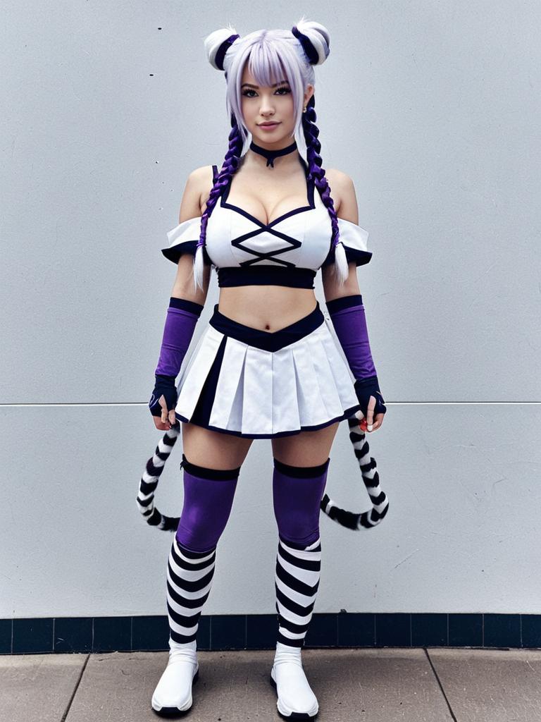 Anime Inspired Woman in White and Purple Cosplay Outfit with Striped Accessories