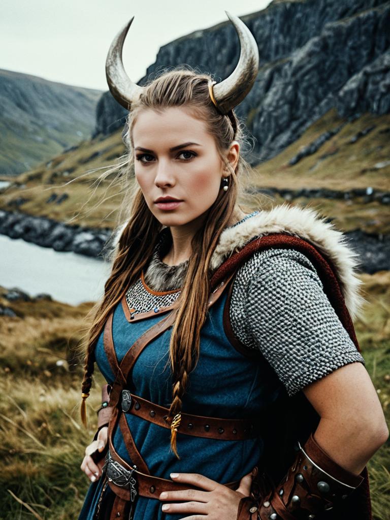 Photorealistic Outdoor Portrait of Woman in Viking Costume with Horned Helmet