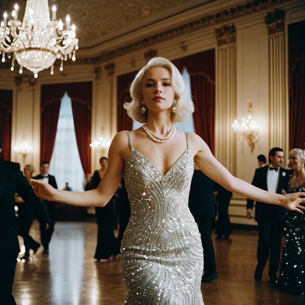 Elegant Woman Dancing in Sparkling Beaded Gown at Luxurious Ballroom