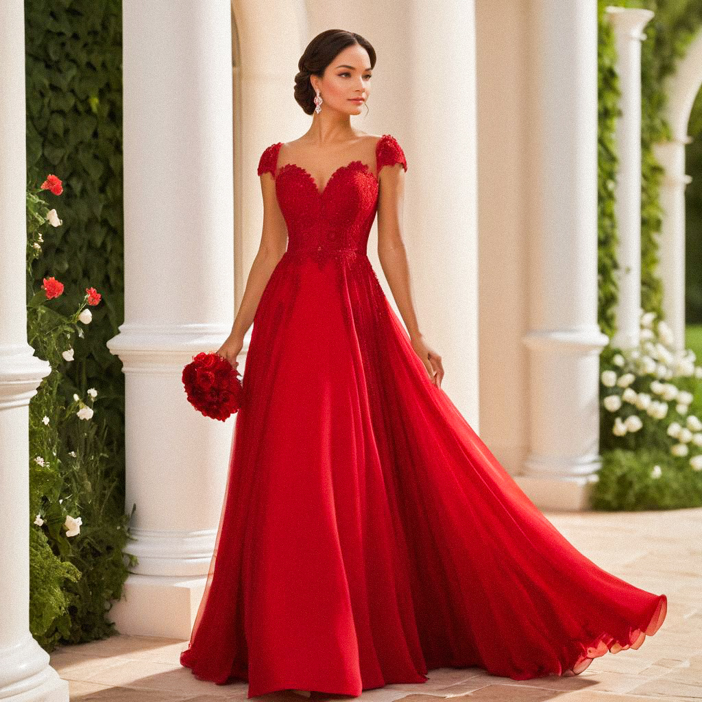 Elegant Woman in Red Gown with Floral Details