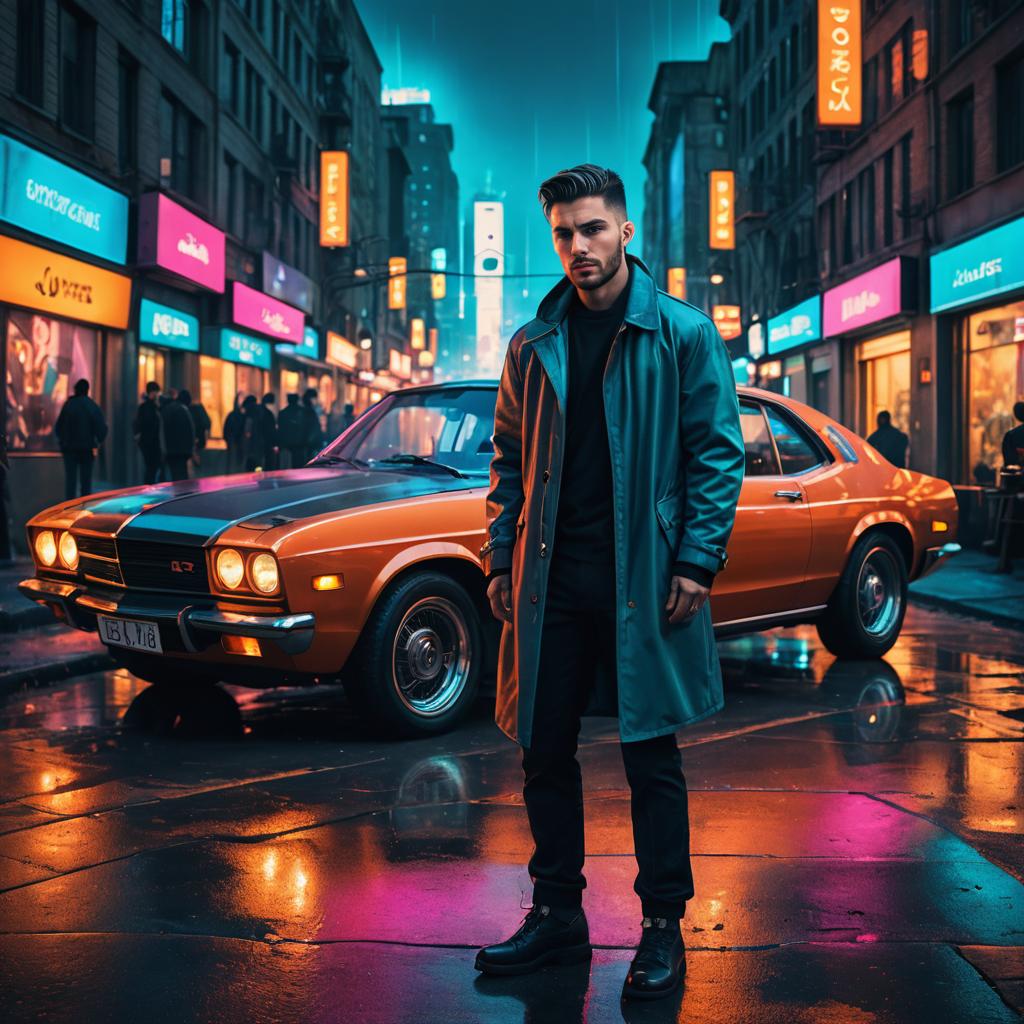 Man with Vintage Car in Neon Cyberpunk City