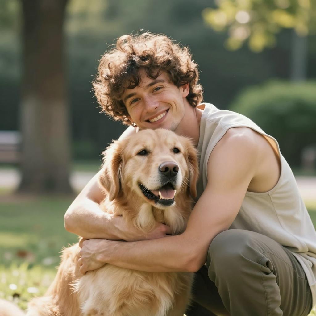Happy Young Man Hugging Golden Retriever Outdoors
