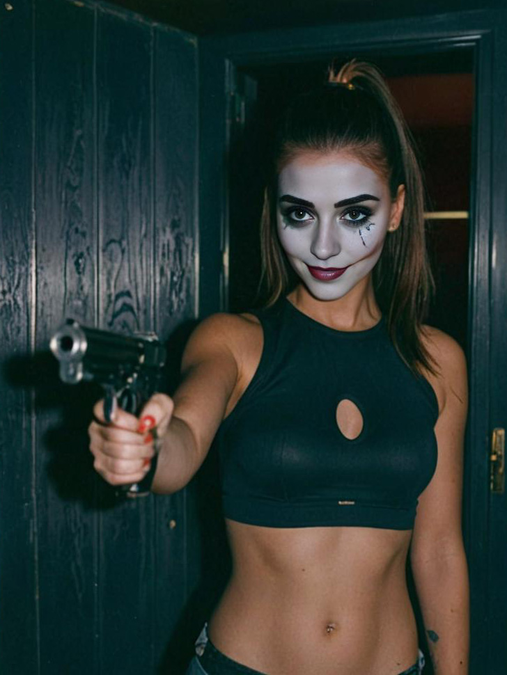 Woman with Pixu-inspired Makeup and Prop Gun