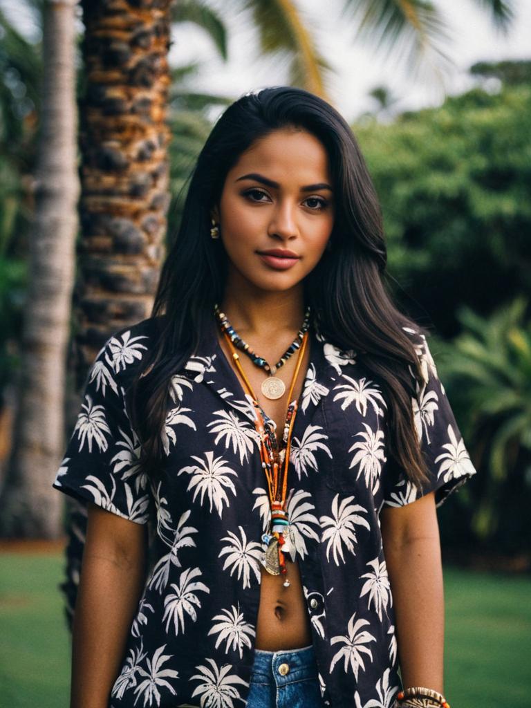 Stylish Woman in Palm Tree Print Shirt Outdoors