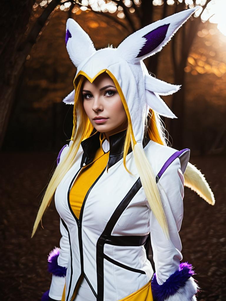 Woman in Realistic Renamon Cosplay Costume in Forest