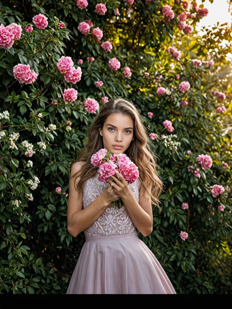 Romantic woman in lace top and tulle skirt holding pink flowers