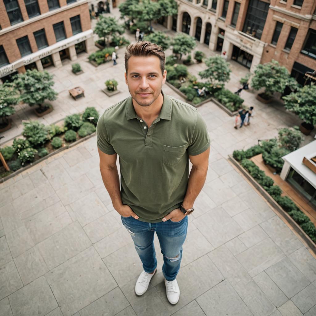 Confident Man in Casual Outfit in Urban Courtyard