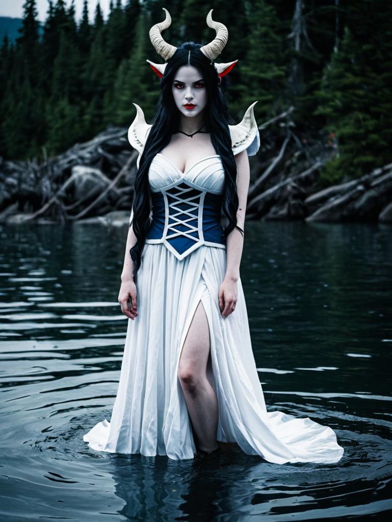 Fantasy Oni Woman in White Gown Standing in Water Among Pine Trees