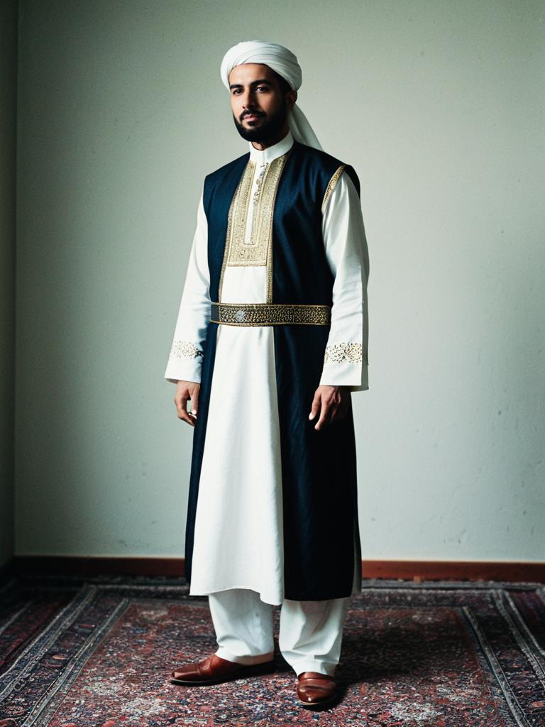 Man in Muslim Traditional Costume Photorealistic Full Body Editorial Portrait