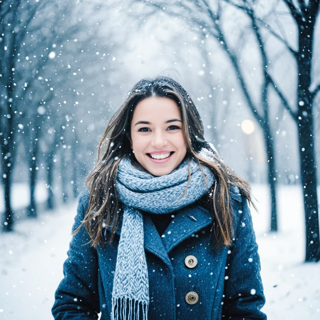 Cheerful Woman in Blue Coat During Snowfall