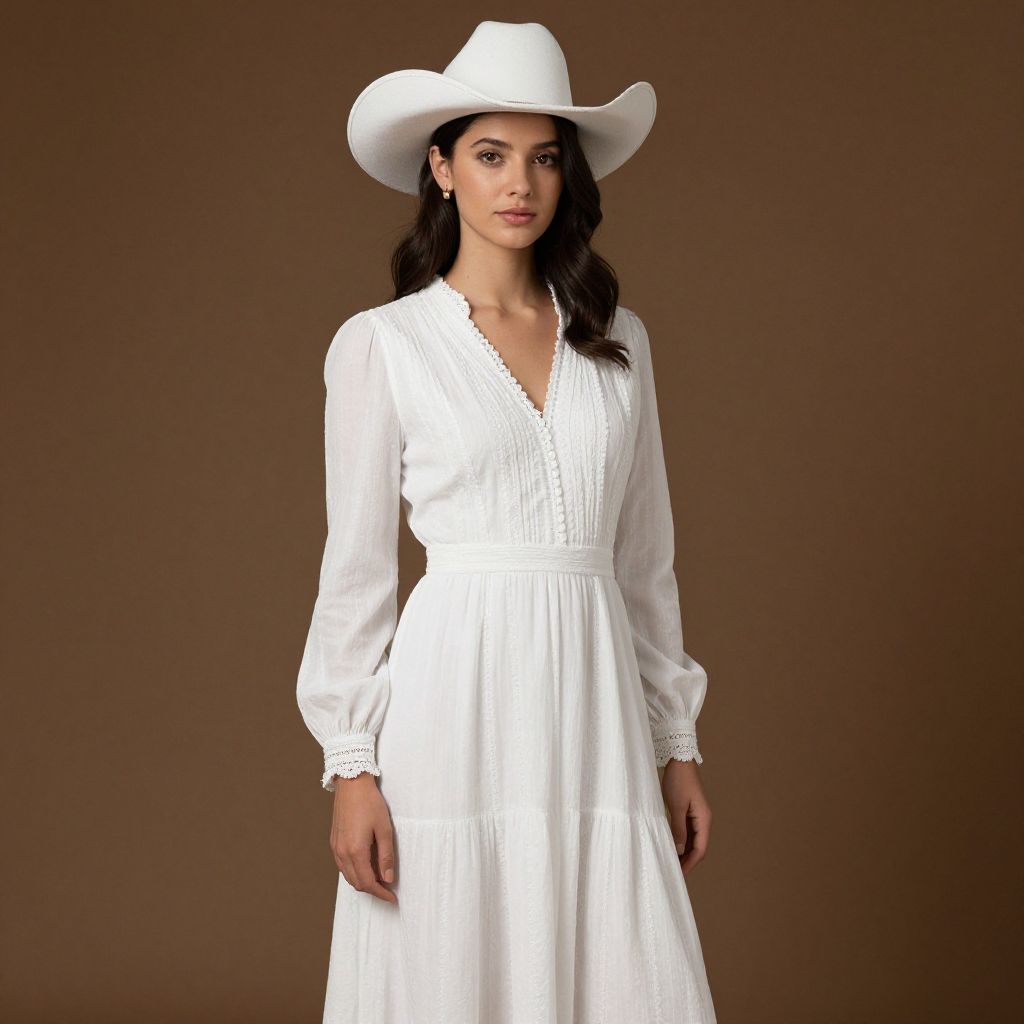 Elegant Woman in White Dress and Wide-Brimmed Hat on Brown Background