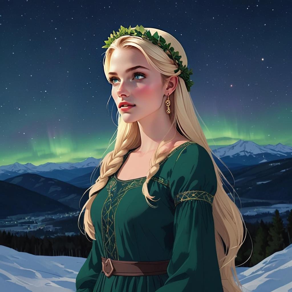 Young Woman in Medieval Dress Under Northern Lights Young Woman in Medieval Dress Under Northern Lights