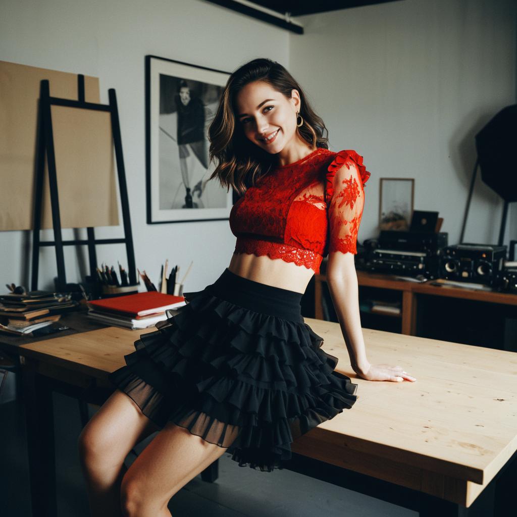 Stylish Woman in Red Lace Top and Black Skirt