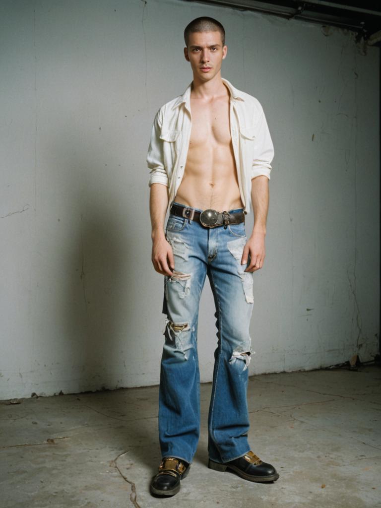 Vintage Male Model in White Shirt and Torn Jeans