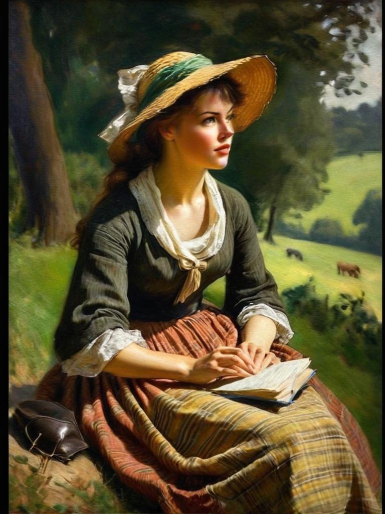 Young Woman Reading in Countryside with Straw Hat Classic Painting