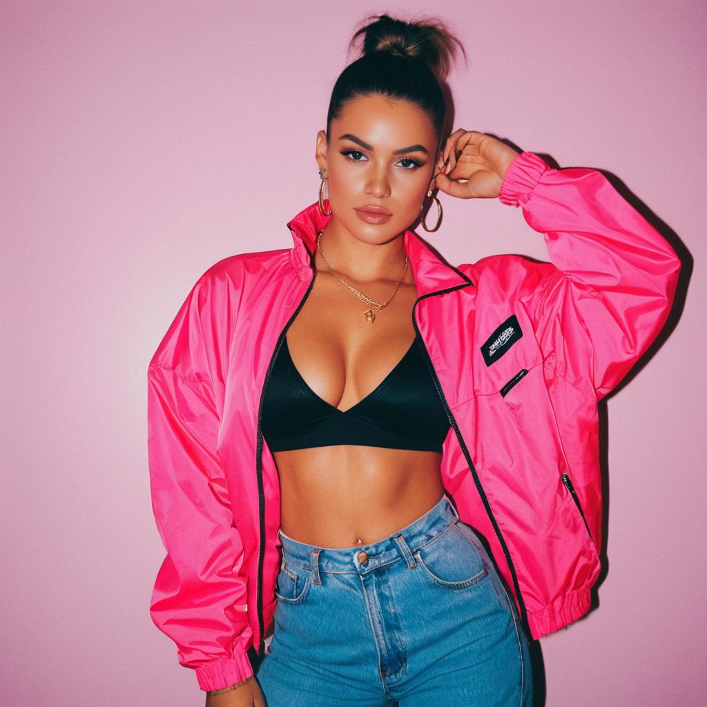 Stylish Young Woman in Pink Windbreaker and Black Sports Bra Posing Against Pink Background