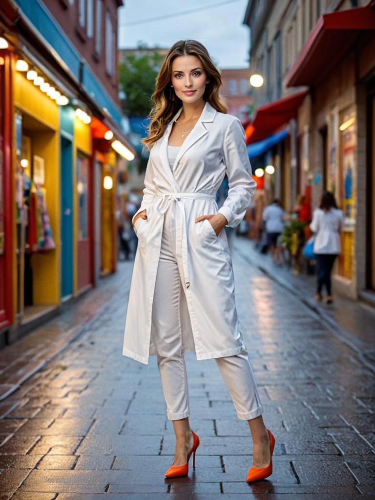 Stylish Woman in Chic White Trench Coat and Red Heels