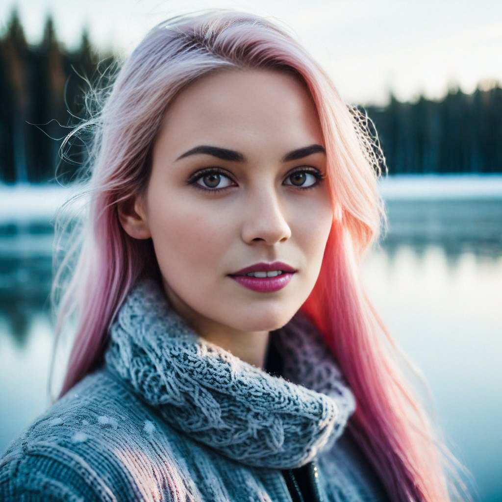 Young Woman with Pastel Pink Hair by Calm Lake Young Woman with Pastel Pink Hair by Calm Lake